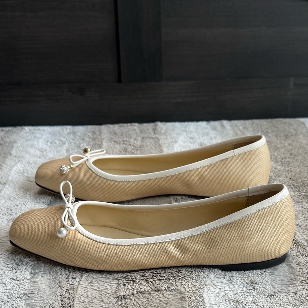 JIMMY CHOO Elme embellished leather-trimmed raffia ballet flats Size IT 39.5 - Picture 10 of 15